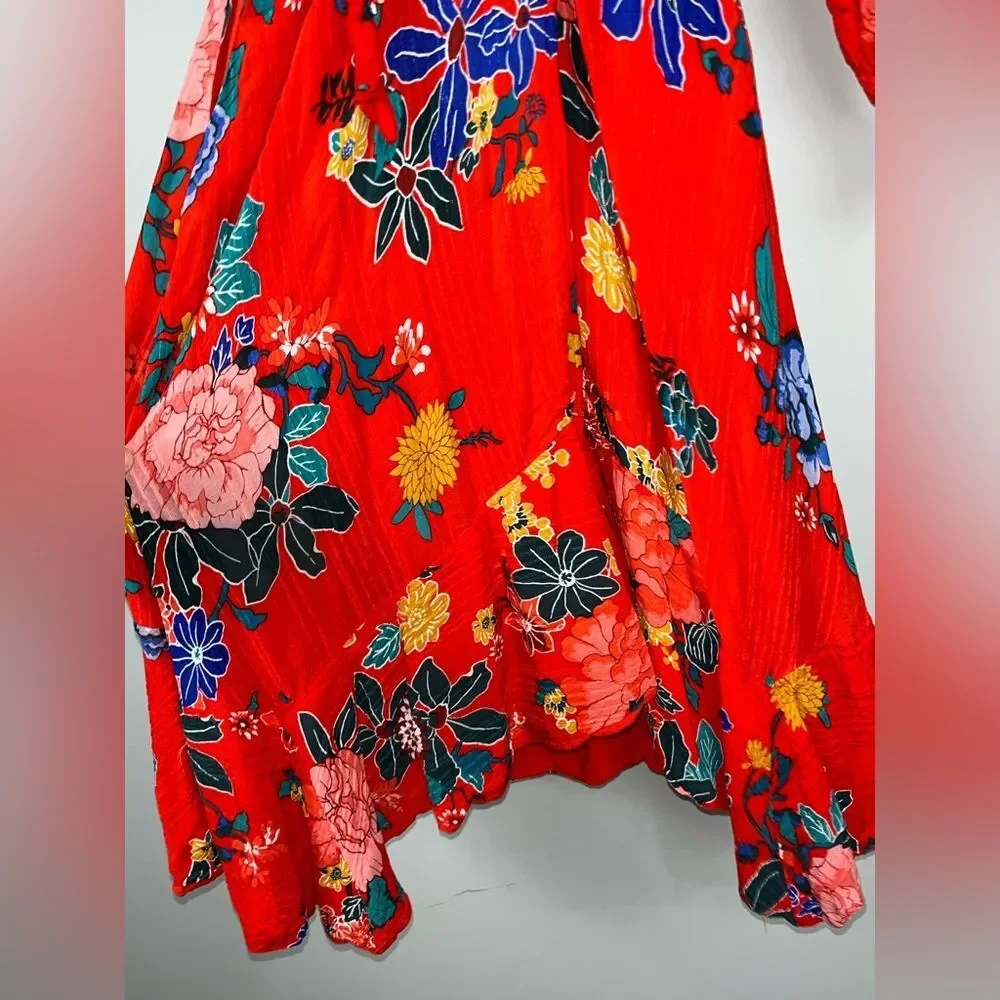 Anthropologie Boswell Textured Wrap Tunic Red Floral Midi Dress Boho 0 Brunch